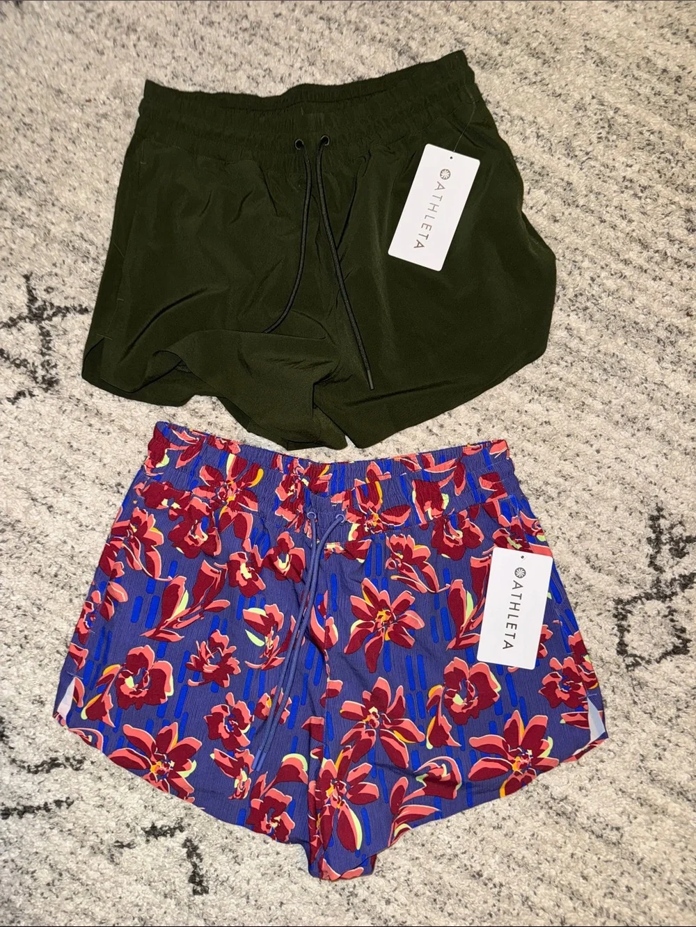 Athleta Olive Green & Blue Floral Athletic Shorts Duo